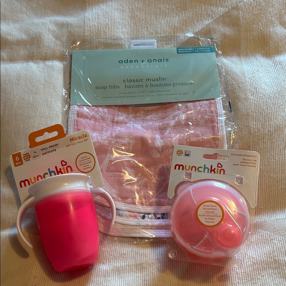 aden + anais Pink Muslin Snap Bibs with Munchkin Pink Cup and Dispenser